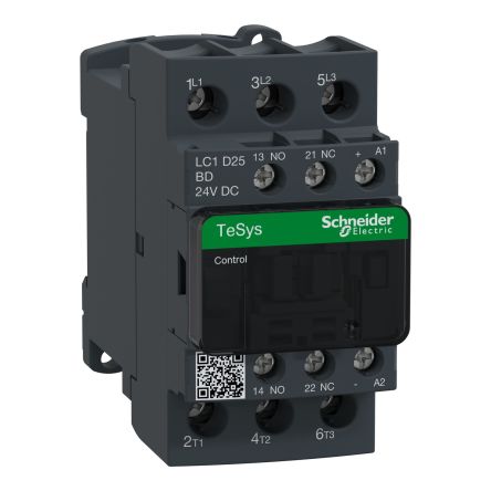 Schneider Electric LC1D Contactor, 24V dc Coil, 3-Pole, 25 A, 11 kW 24V dc, 3 NO, 690V ac