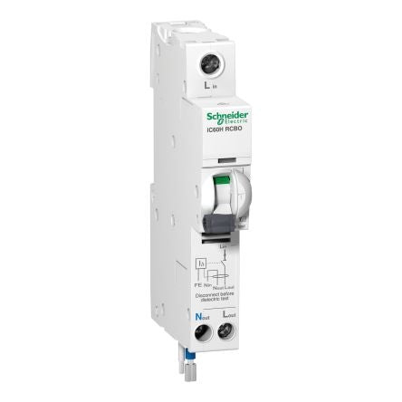 Schneider Electric Residual Current Circuit Breaker with Overload Protection, 20A Current Rating, 1-Pole, 10 mA Trip