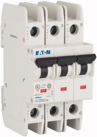 Eaton xEffect FAZ Miniature Circuit Breaker, 3-Pole, 16A, Type D, 415V ac AC, 60 V dc DC, 10 kA Breaking Capacity