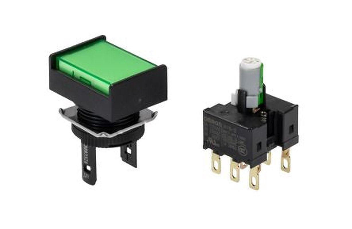 Omron A16 Series Illuminated Push Button Switch, Momentary, Panel, 16 mm Cutout, DPDT, Green LED, IP65, 30 V dc 125 V ac