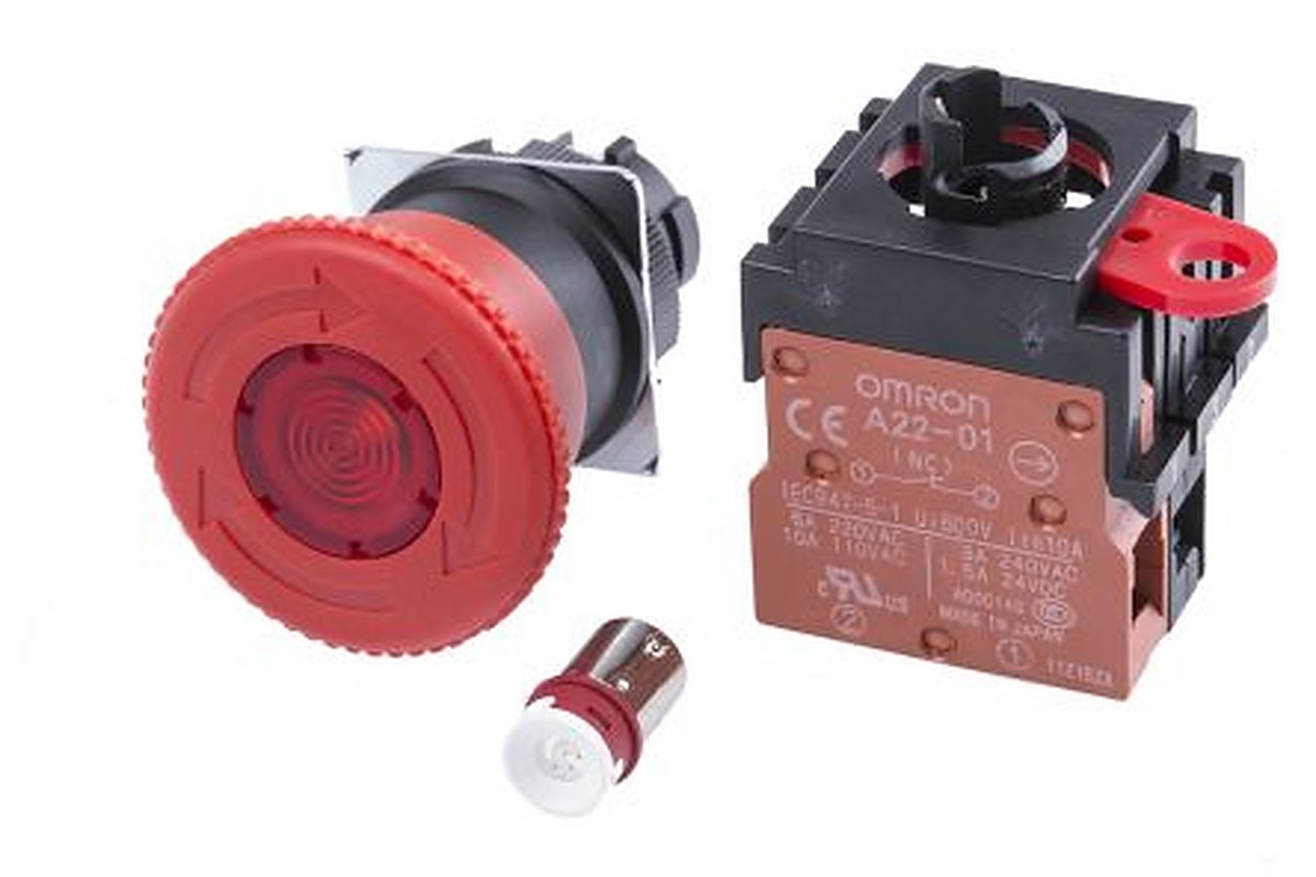 Omron A22E Series Twist Release Illuminated Emergency Stop Push Button, Panel Mount, 22 mm Cutout, 1 NC, IP65