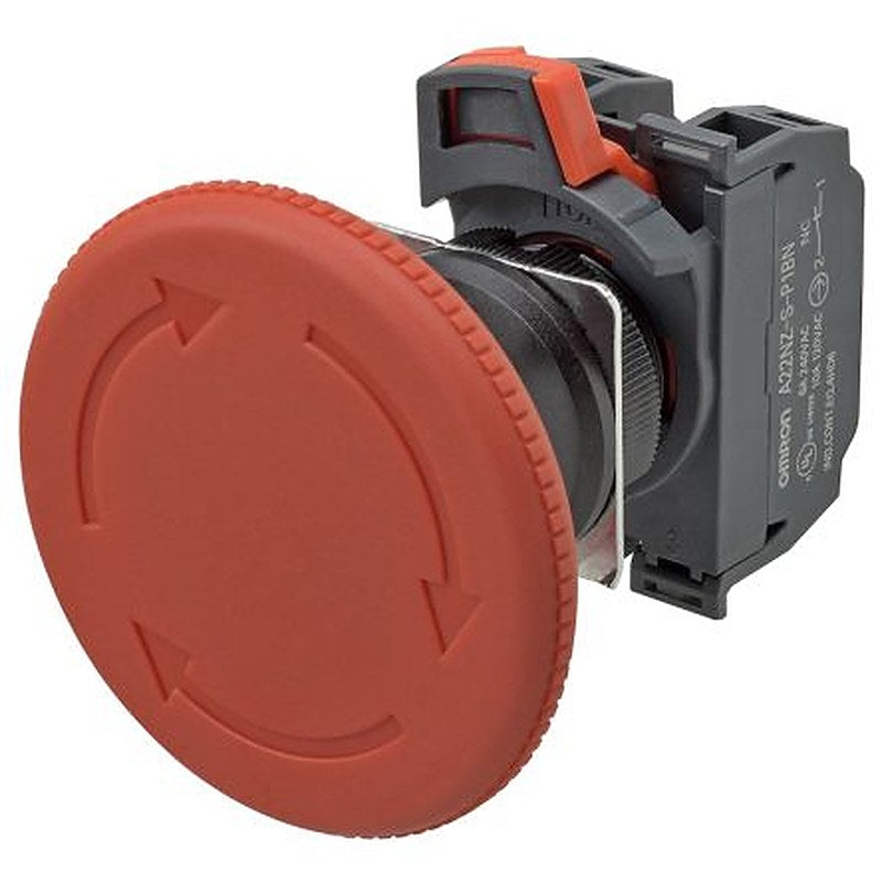 Omron A22NE-PD Series Twist Release Illuminated Emergency Stop Push Button, Panel Mount, 22 mm Cutout, 2 NO/2 NC, IP65