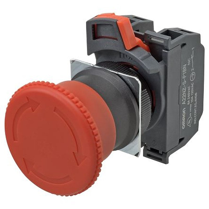 Omron A22NE Series Turn to Reset Emergency Stop Push Button, Built-In, 22 mm Cutout, 1 NO/2 NC, IP65