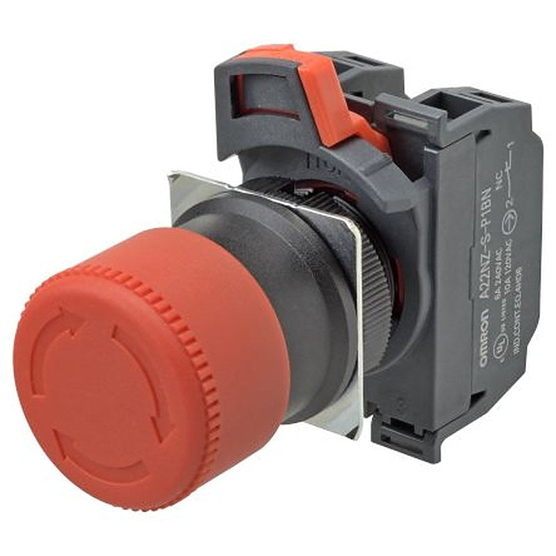 Omron A22NE Series Twist Release Emergency Stop Push Button, Panel Mount, 22 mm Cutout, 1 NC