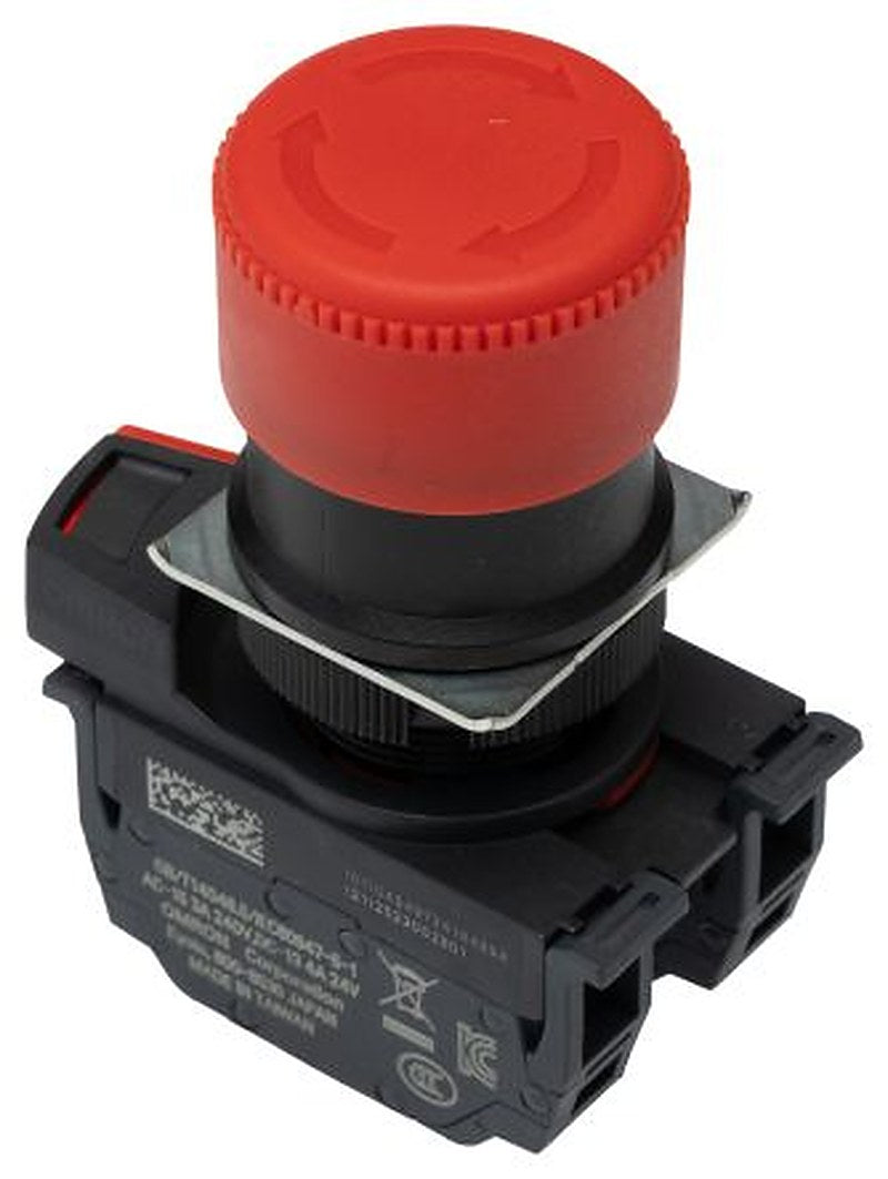 Omron A22NE-P Series Turn Reset Emergency Stop Push Button, Panel Mount, 22 mm Cutout, 2 NC, IP65