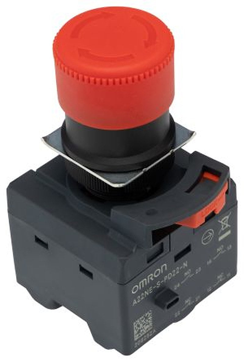 Omron A22NE-PD Series Turn to Reset Emergency Stop Push Button, Panel Mount, 22 mm Cutout, 2 NC/2 NO, IP65