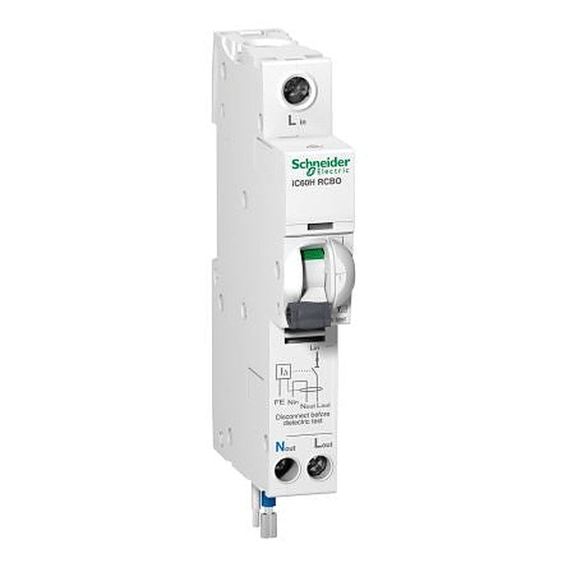 Schneider Electric Residual Current Circuit Breaker with Overload Protection, 20A Current Rating, 1-Pole, 10 mA Trip