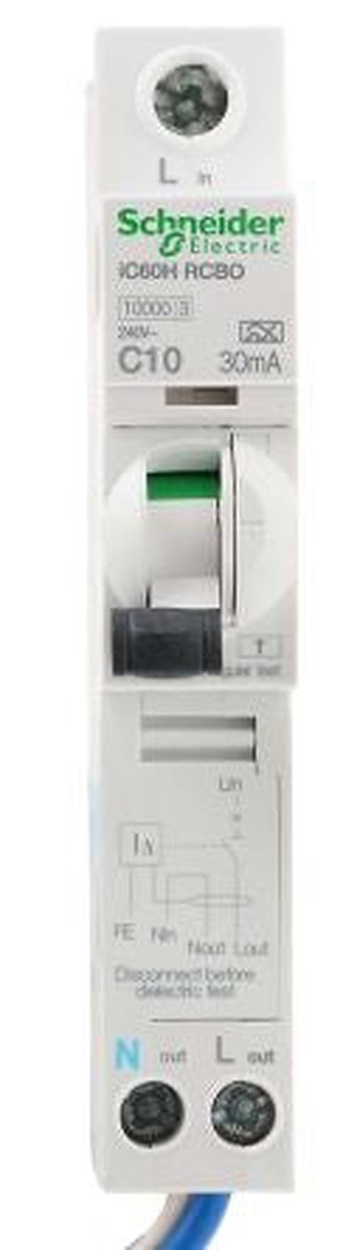 Schneider Electric Residual Current Circuit Breaker with Overload Protection, 10A Current Rating, 1-Pole, 30 mA Trip