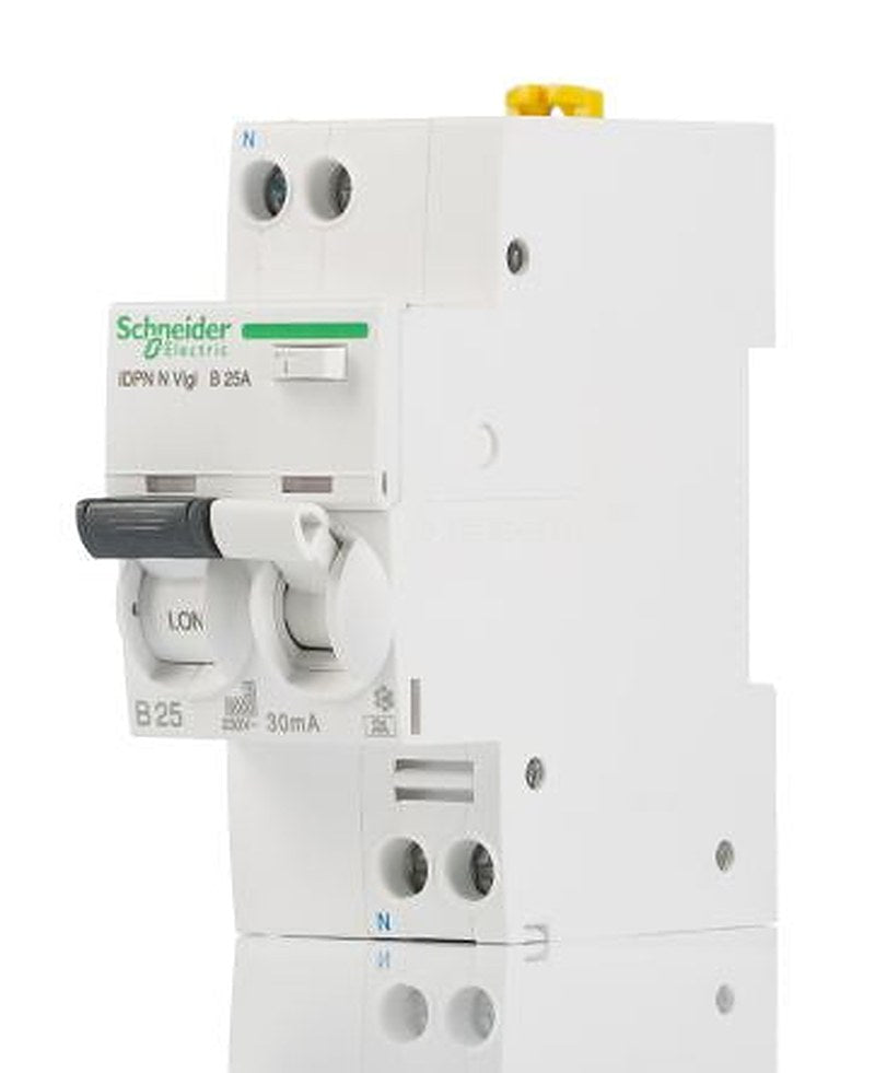 Schneider Electric Residual Current Circuit Breaker with Overload Protection, 25A Current Rating, 1-Pole, 30 mA Trip