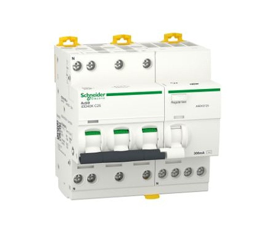 Schneider Electric Residual Current Circuit Breaker with Overload Protection, 25A Current Rating, 3-Pole, 300 mA Trip