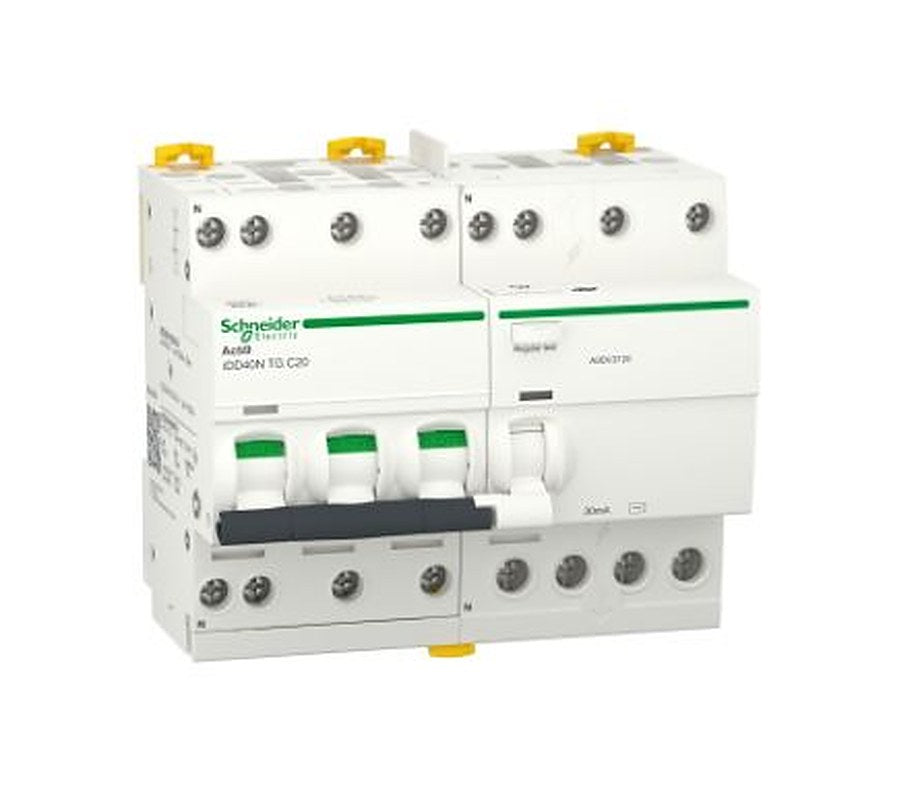 Schneider Electric Residual Current Circuit Breaker with Overload Protection, 20A Current Rating, 3-Pole, 30 mA Trip