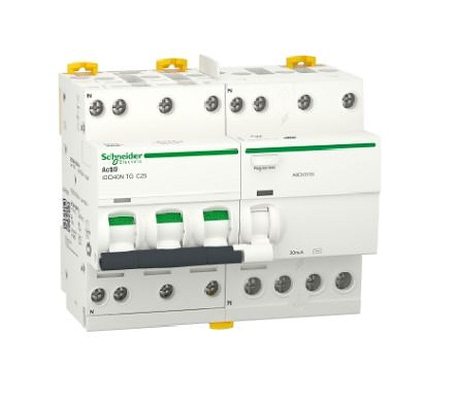 Schneider Electric Residual Current Circuit Breaker with Overload Protection, 25A Current Rating, 3-Pole, 30 mA Trip