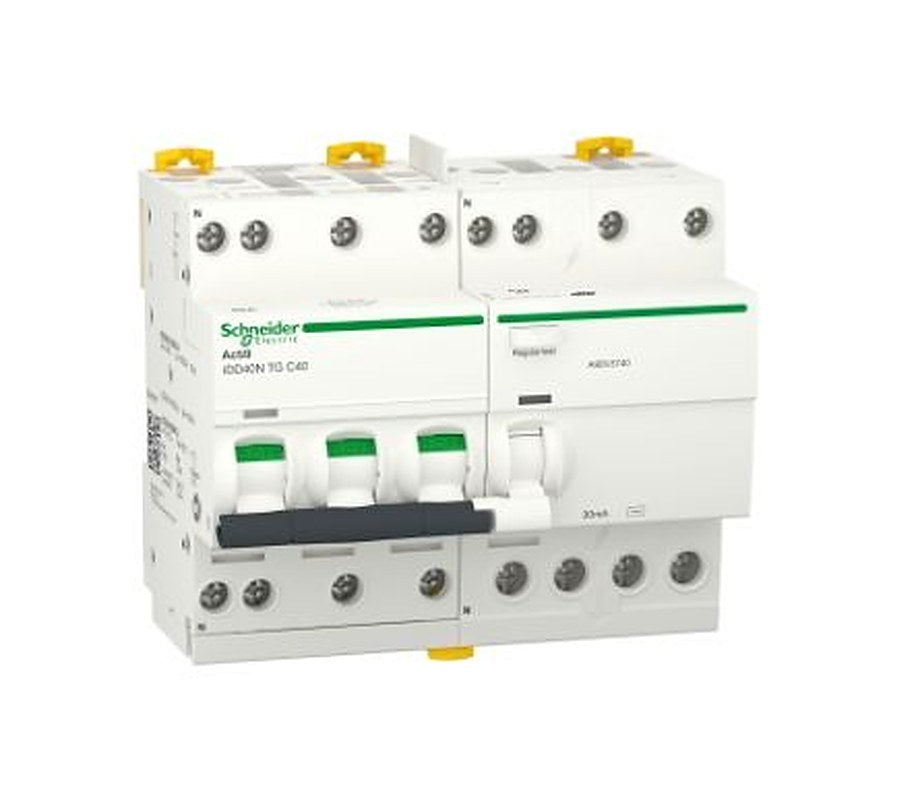 Schneider Electric Residual Current Circuit Breaker with Overload Protection, 40A Current Rating, 3-Pole, 30 mA Trip