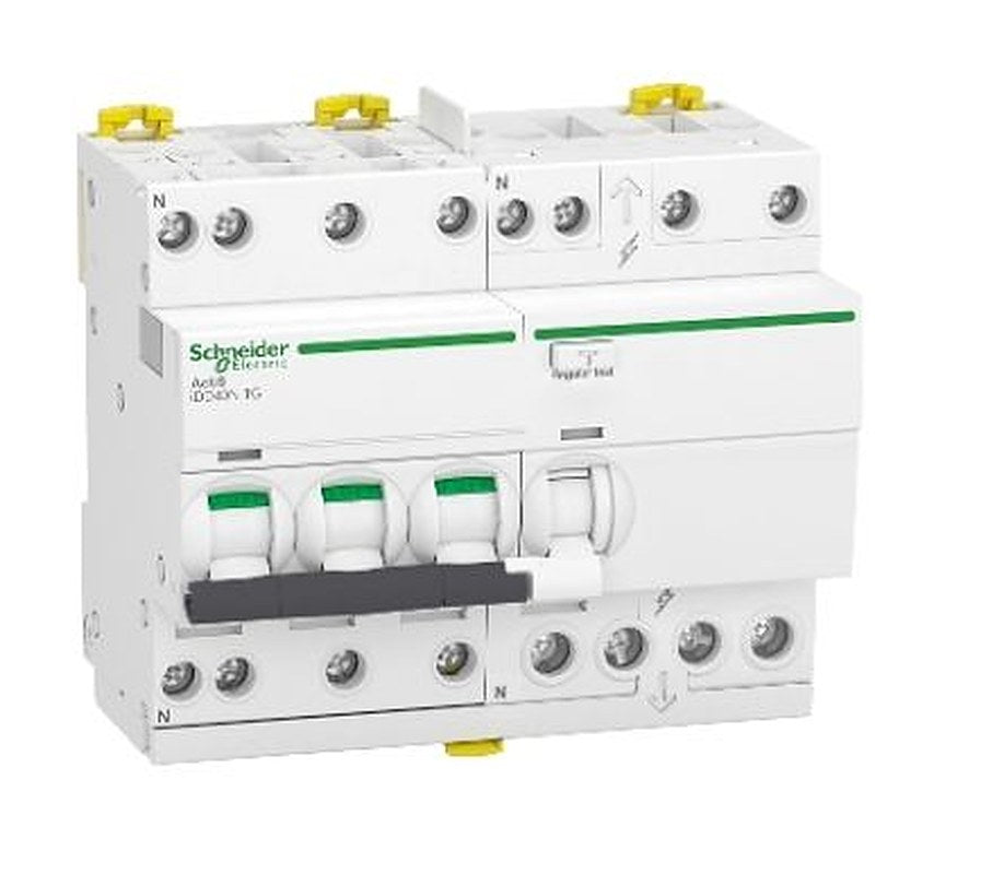 Schneider Electric Residual Current Circuit Breaker with Overload Protection, 40A Current Rating, 3-Pole, 30 mA Trip