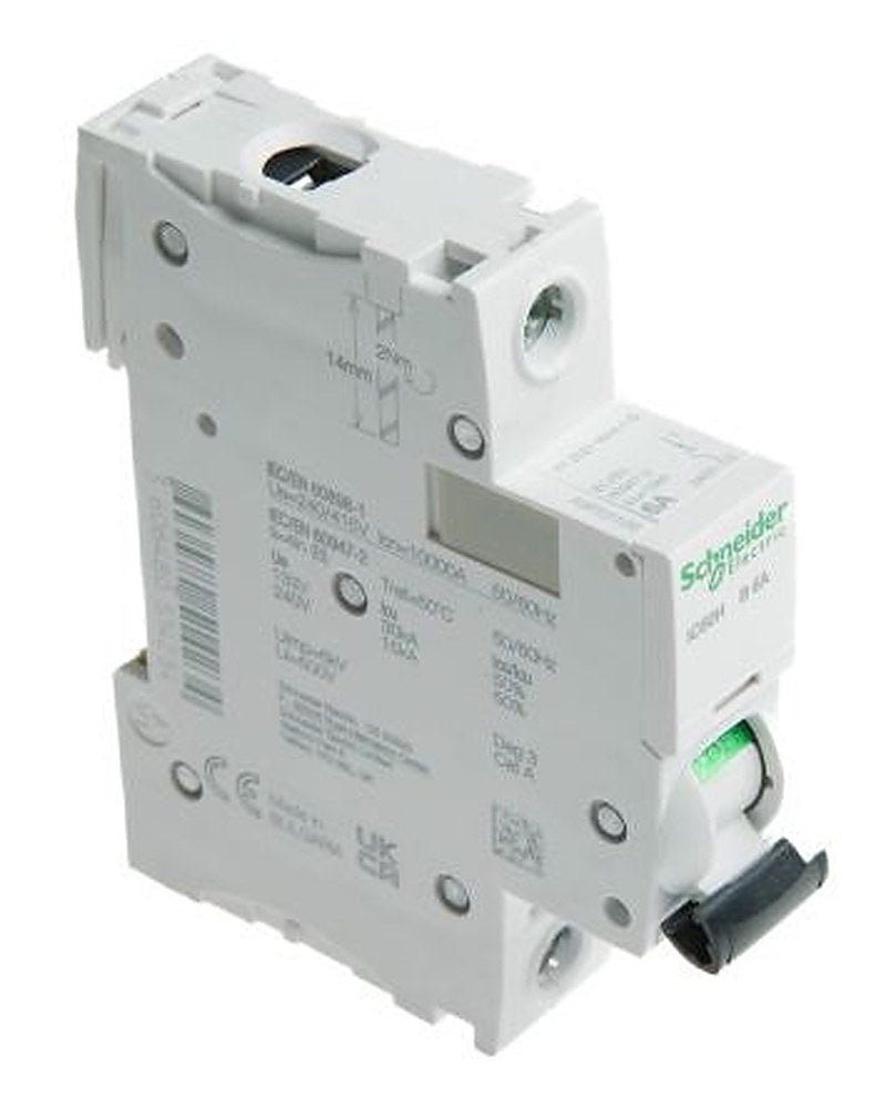 Schneider Electric Acti9 iC60H Miniature Circuit Breaker, 1-Pole, 6A, Type B, 240V ac AC, 48 V dc DC, 10 kA Breaking
