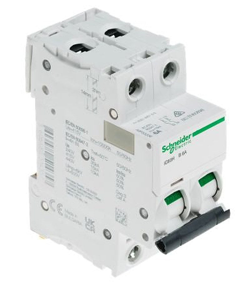 Schneider Electric Acti9 iC60H Miniature Circuit Breaker, 2-Pole, 6A, Type B, 12V, 133 V, 220 V, 240 V, 380 V, 415 V,