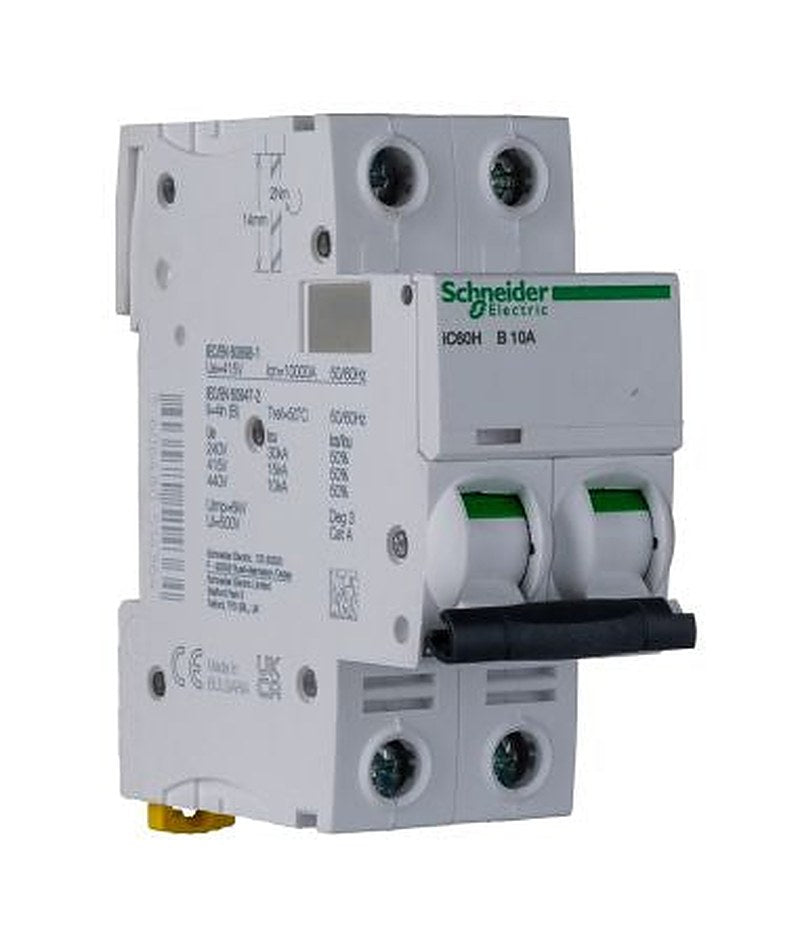Schneider Electric Acti9 iC60H Miniature Circuit Breaker, 2-Pole, 10A, Type B, 12V, 133 V, 220 V, 240 V, 380 V, 415 V,