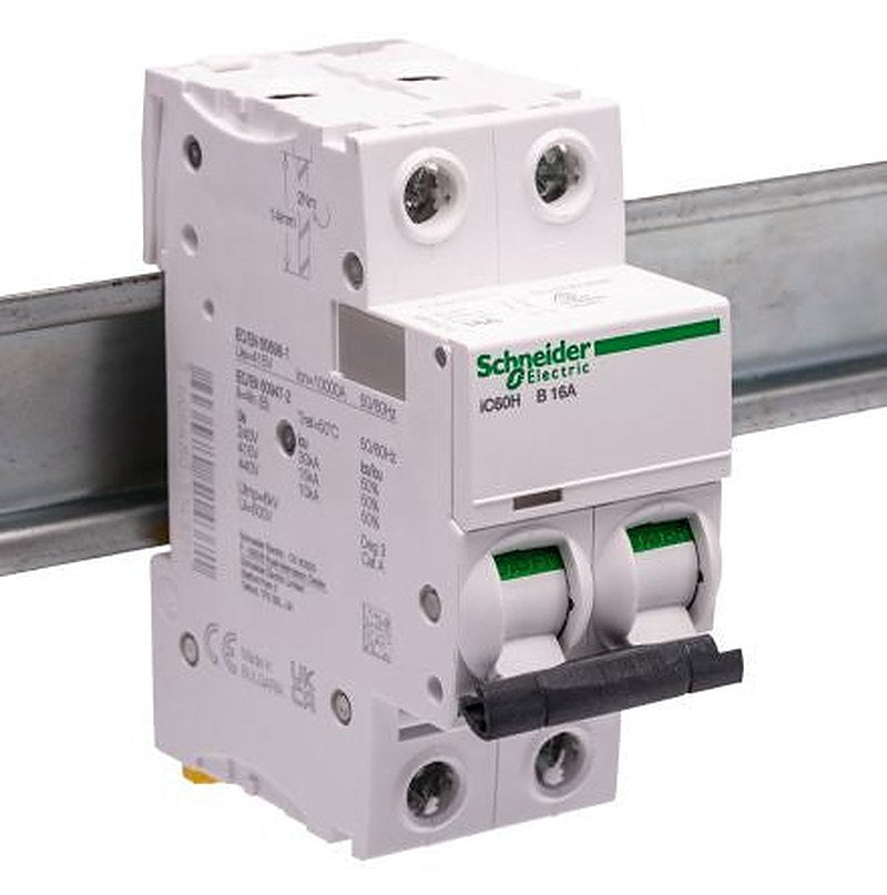 Schneider Electric Acti9 iC60H Miniature Circuit Breaker, 2-Pole, 16A, Type B, 12V, 133 V, 220 V, 240 V, 380 V, 415 V,