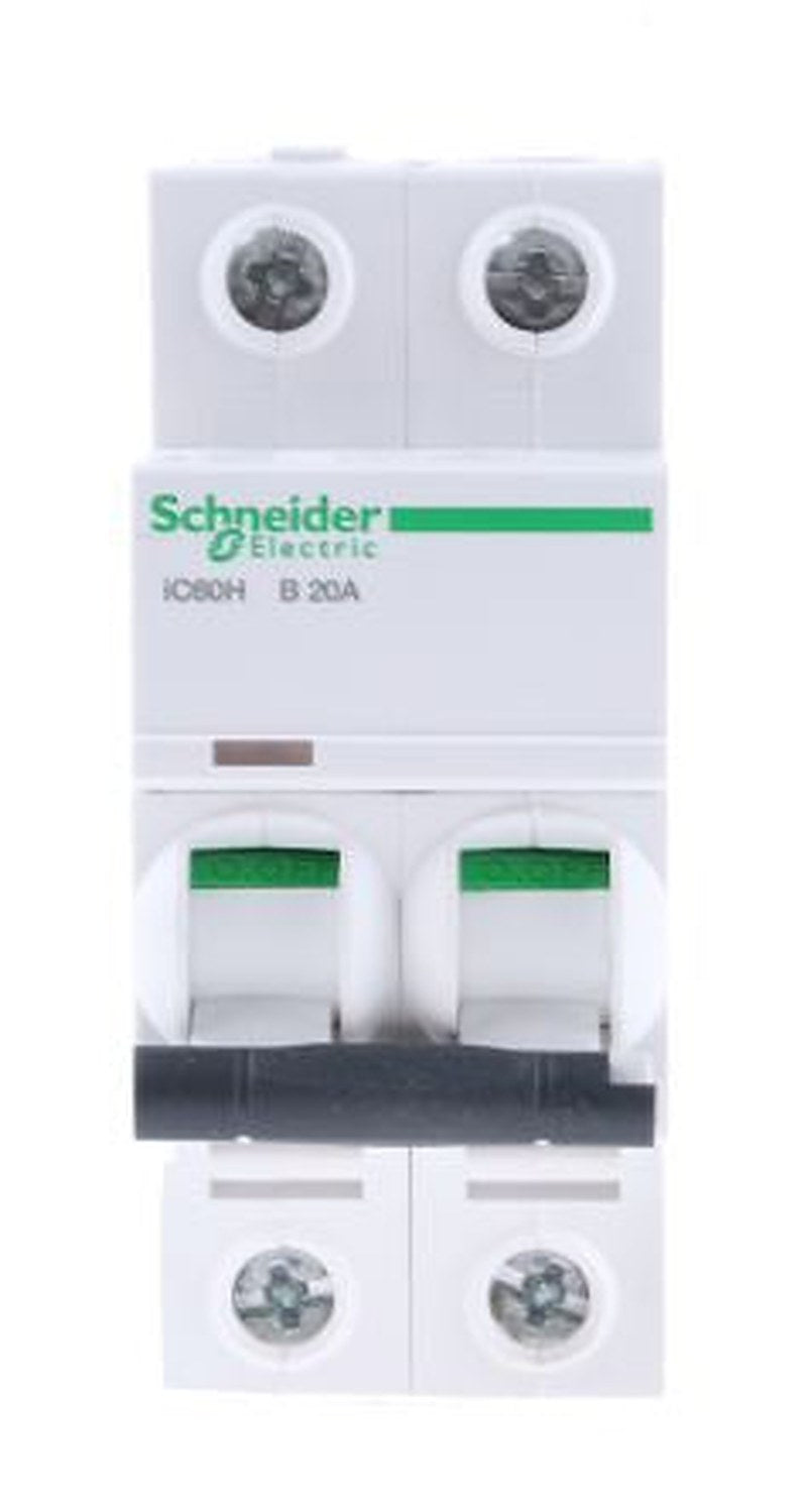Schneider Electric Acti9 iC60H Miniature Circuit Breaker, 2-Pole, 20A, Type B, 12V, 133 V, 220 V, 240 V, 380 V, 415 V,