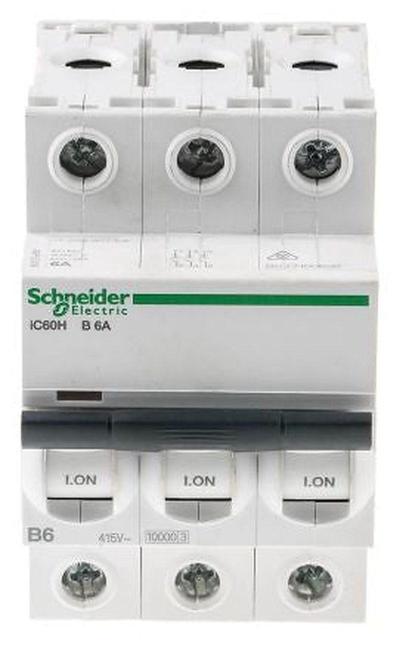 Schneider Electric Acti9 iC60H Miniature Circuit Breaker, 3-Pole, 6A, Type B, 12V, 133 V, 220 V, 240 V, 380 V, 415 V,