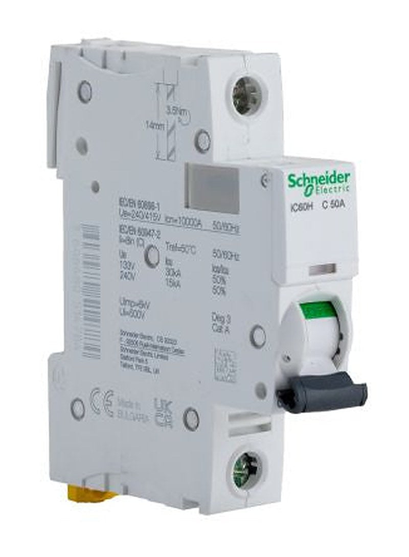 Schneider Electric Acti9 iC60H Miniature Circuit Breaker, 1-Pole, 50A, Type C, 240V ac AC, 48 V dc DC, 10 kA Breaking