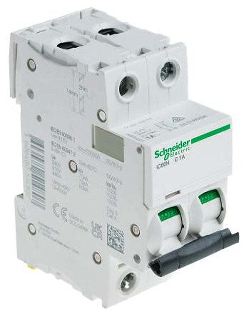 Schneider Electric Acti9 iC60H Miniature Circuit Breaker, 2-Pole, 1A, Type C, 12V, 133 V, 220 V, 240 V, 380 V, 415 V,