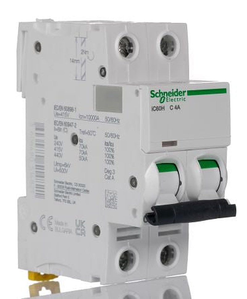 Schneider Electric Acti9 iC60H Miniature Circuit Breaker, 2-Pole, 4A, Type C, 12V, 133 V, 220 V, 240 V, 380 V, 415 V,