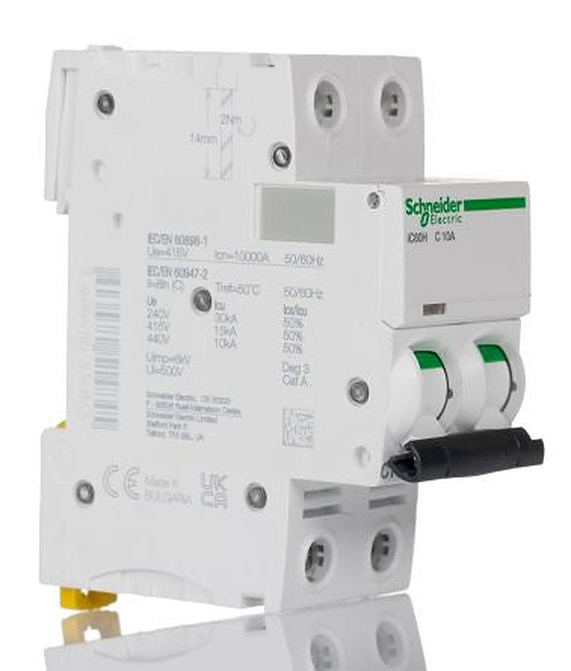 Schneider Electric Acti9 iC60H Miniature Circuit Breaker, 2-Pole, 10A, Type C, 12V, 133 V, 220 V, 240 V, 380 V, 415 V,