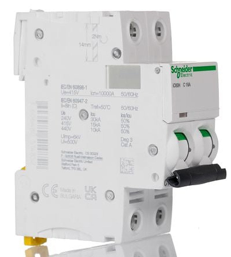 Schneider Electric Acti9 iC60H Miniature Circuit Breaker, 2-Pole, 16A, Type C, 12V, 133 V, 220 V, 240 V, 380 V, 415 V,