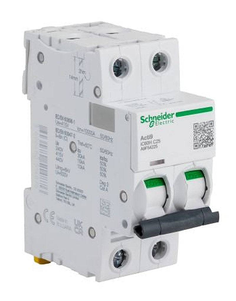 Schneider Electric Acti9 iC60H Miniature Circuit Breaker, 2-Pole, 25A, Type C, 12V, 133 V, 220 V, 240 V, 380 V, 415 V,