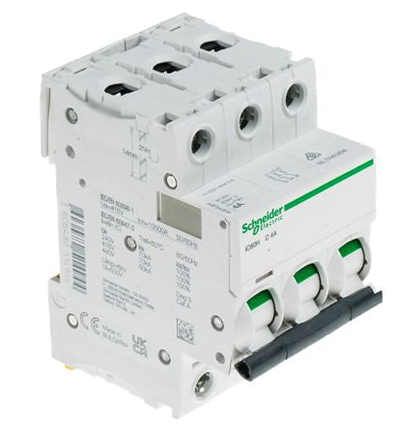 Schneider Electric Acti9 iC60H Miniature Circuit Breaker, 3-Pole, 4A, Type C, 12V, 133 V, 220 V, 240 V, 380 V, 415 V,