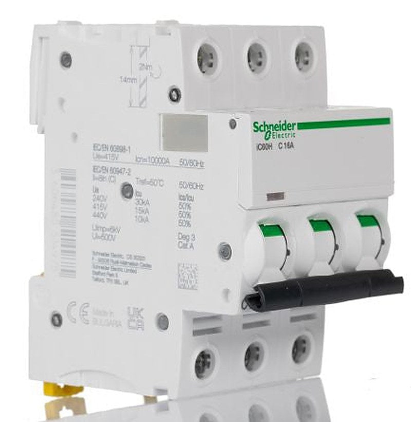 Schneider Electric Acti9 iC60H Miniature Circuit Breaker, 3-Pole, 16A, Type C, 12V, 133 V, 220 V, 240 V, 380 V, 415 V,