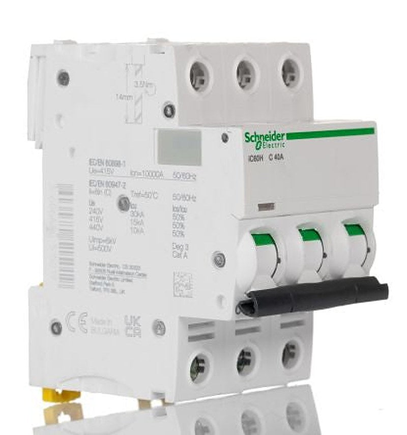 Schneider Electric Acti9 iC60H Miniature Circuit Breaker, 3-Pole, 40A, Type C, 12V, 133 V, 220 V, 240 V, 380 V, 415 V,