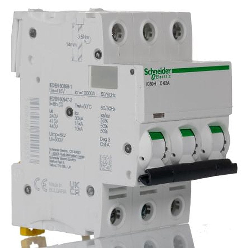 Schneider Electric Acti9 iC60H Miniature Circuit Breaker, 3-Pole, 63A, Type C, 12V, 133 V, 220 V, 240 V, 380 V, 415 V,