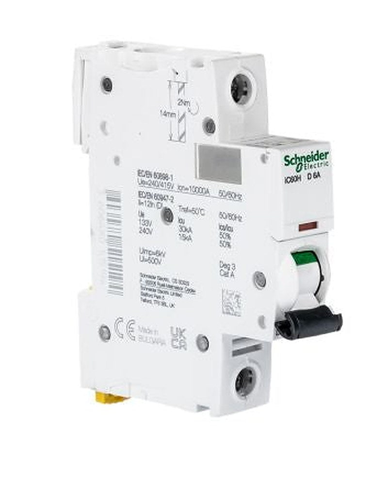 Schneider Electric Acti9 iC60H Miniature Circuit Breaker, 1-Pole, 6A, Type D, 240V ac AC, 48 V dc DC, 10 kA Breaking