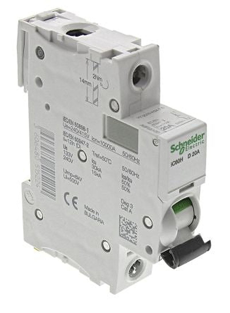 Schneider Electric Acti9 iC60H Miniature Circuit Breaker, 1-Pole, 20A, Type D, 240V ac AC, 48 V dc DC, 10 kA Breaking