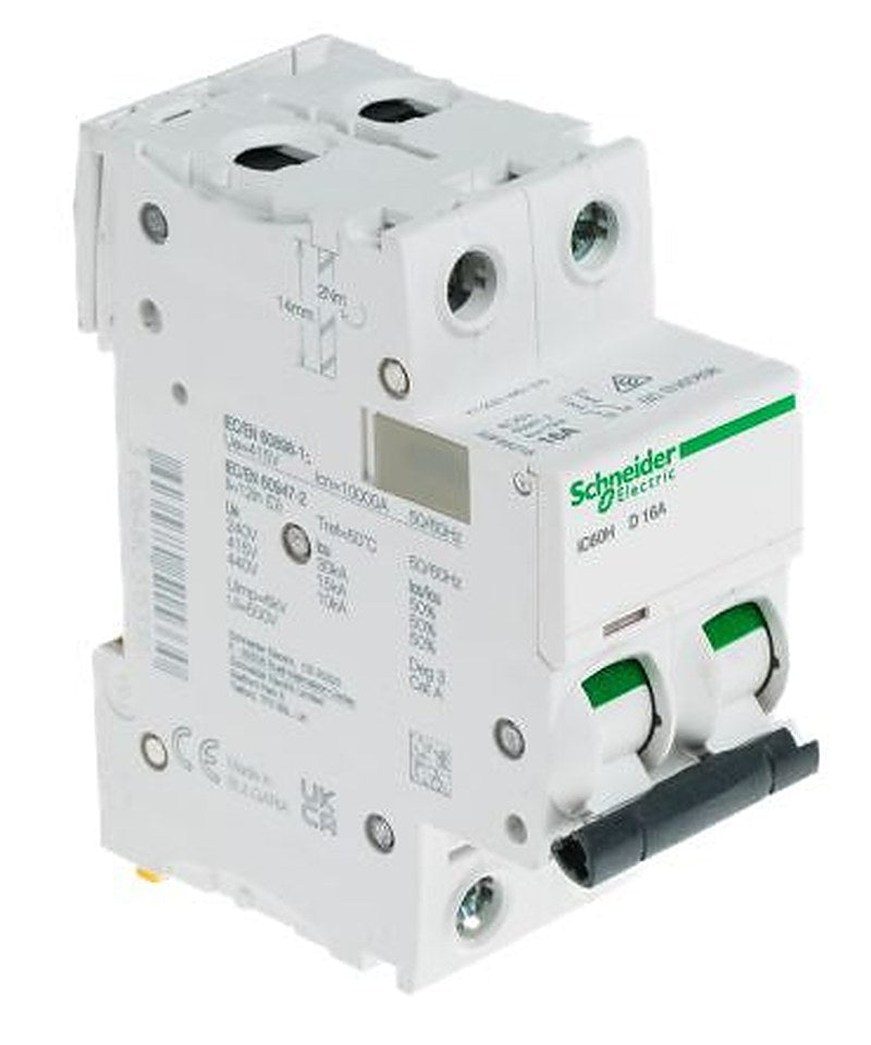 Schneider Electric Acti9 iC60H Miniature Circuit Breaker, 2-Pole, 16A, Type D, 12V, 133 V, 220 V, 240 V, 380 V, 415 V,