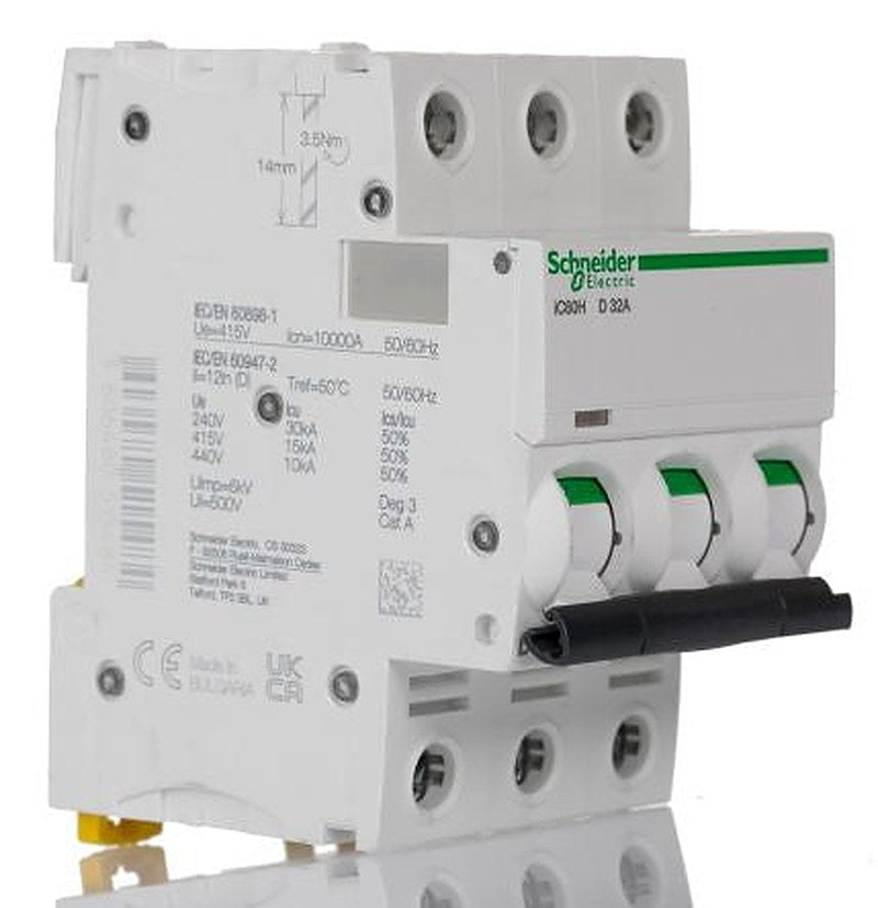 Schneider Electric Acti9 iC60H Miniature Circuit Breaker, 3-Pole, 32A, Type D, 12V, 133 V, 220 V, 240 V, 380 V, 415 V,