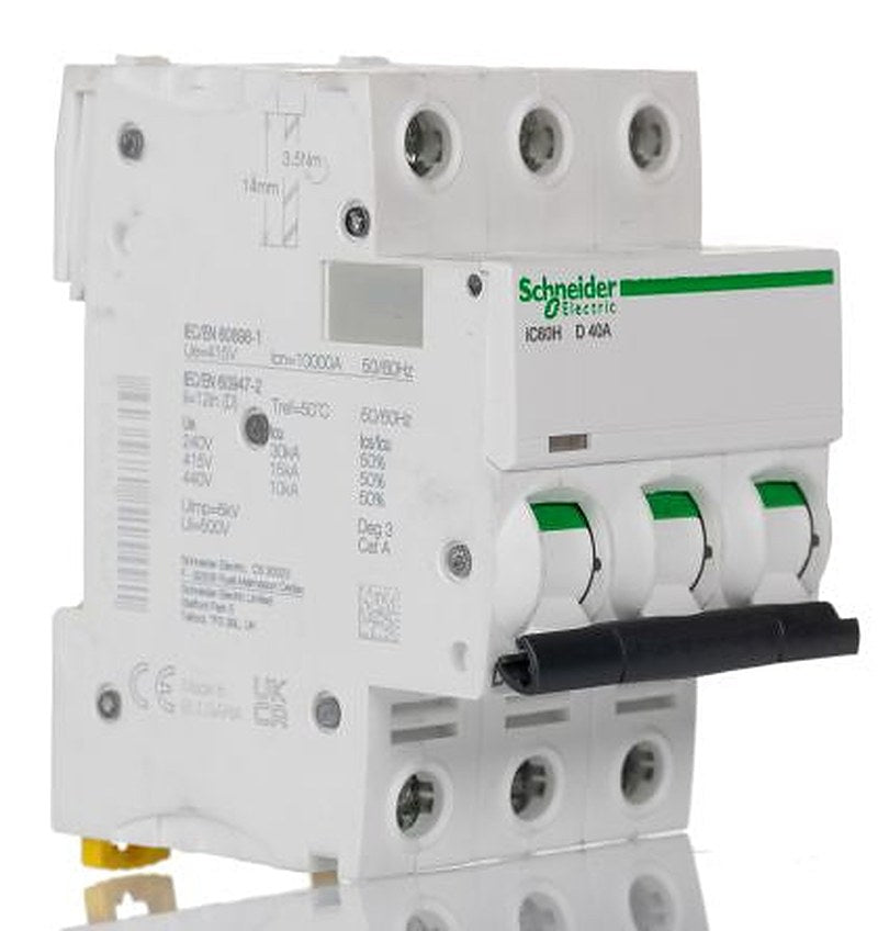Schneider Electric Acti9 iC60H Miniature Circuit Breaker, 3-Pole, 40A, Type D, 12V, 133 V, 220 V, 240 V, 380 V, 415 V,