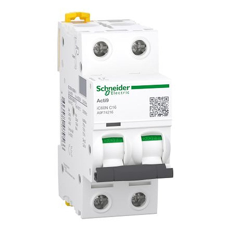 Schneider Electric Acti9 A9F Miniature Circuit Breaker, 2-Pole, 16A, Type C, 500V ac AC, 125 V dc DC, 6 kA Breaking