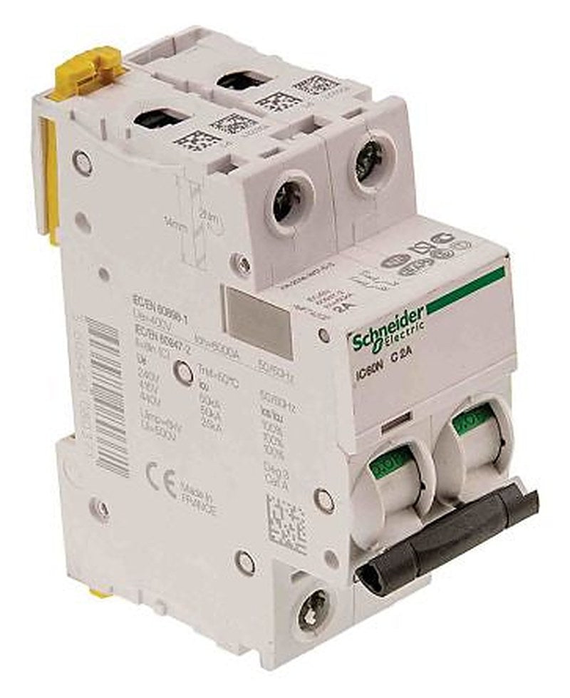 Schneider Electric Acti9 Acti9 iC60 Miniature Circuit Breaker, 2-Pole, 2A, Type D, 100V, 12 V, 130 V, 220 V, 240 V, 380