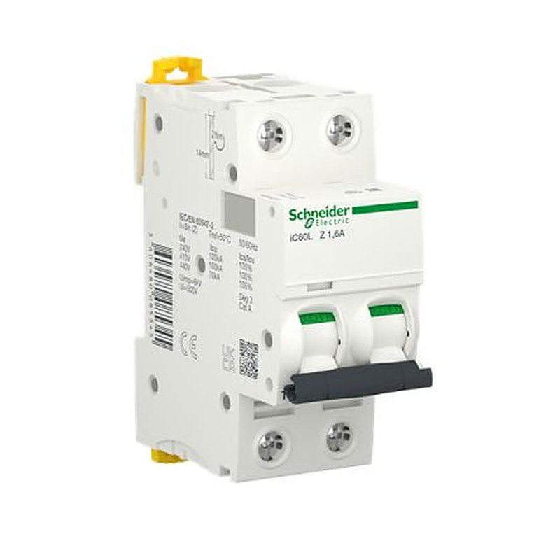 Schneider Electric Acti9 Acti9 iC60 Miniature Circuit Breaker, 2-Pole, 1.6A, Type Z, 400V ac AC, 125 V dc DC, 25 kA