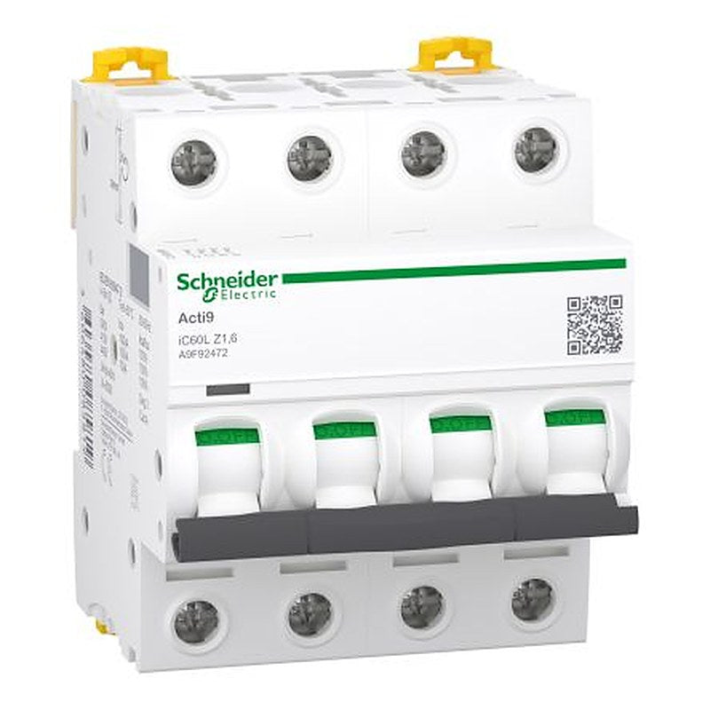 Schneider Electric Acti9 A9F Miniature Circuit Breaker, 4-Pole, 1.6A, Type Z, 500V ac AC, 250 V dc DC, 15000 A Breaking