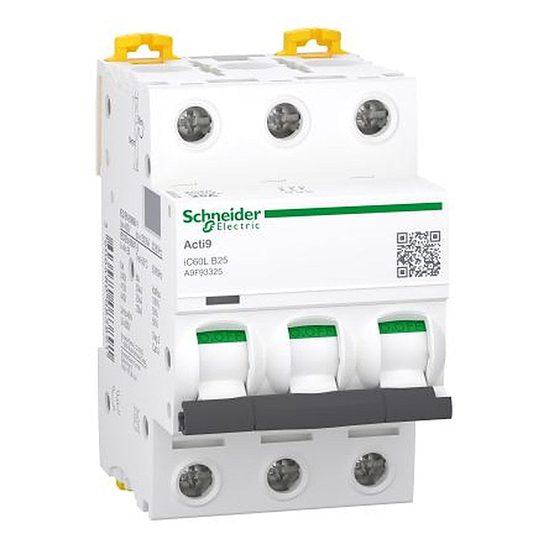 Schneider Electric Acti9 Acti9 iC60 Miniature Circuit Breaker, 3-Pole, 25A, Type B, 440V ac AC, 180 V dc DC, 20 kA