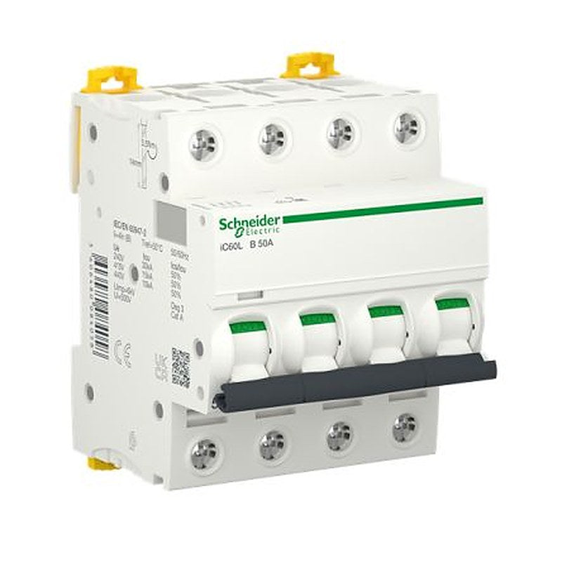 Schneider Electric Acti9 Acti9 iC60 Miniature Circuit Breaker, 4-Pole, 50A, Type B, 440V ac AC, 250 V dc DC, 30 kA
