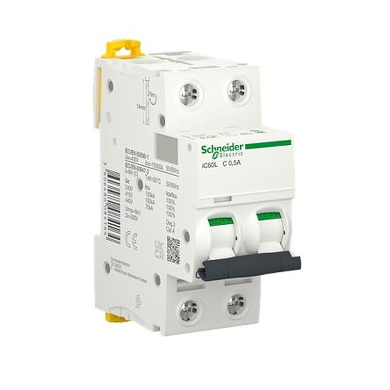Schneider Electric Acti9 Acti9 iC60 Miniature Circuit Breaker, 2-Pole, 0.5A, Type C, 415V ac AC, 125 V dc DC, 15 kA