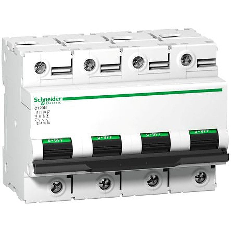 Schneider Electric Acti9 Acti9 C120 Miniature Circuit Breaker, 4-Pole, 63A, Type B, 415V ac AC, 500 V dc DC, 10000 kA