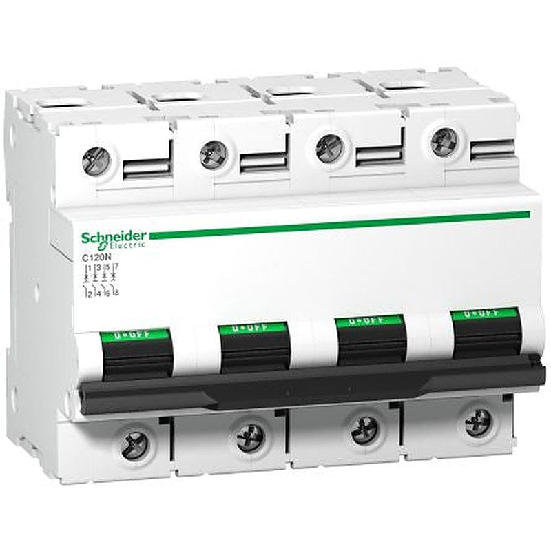 Schneider Electric Acti9 Acti9 C120 Miniature Circuit Breaker, 4-Pole, 125A, C Curve, 440V ac AC, 500 V dc DC, 10000 kA