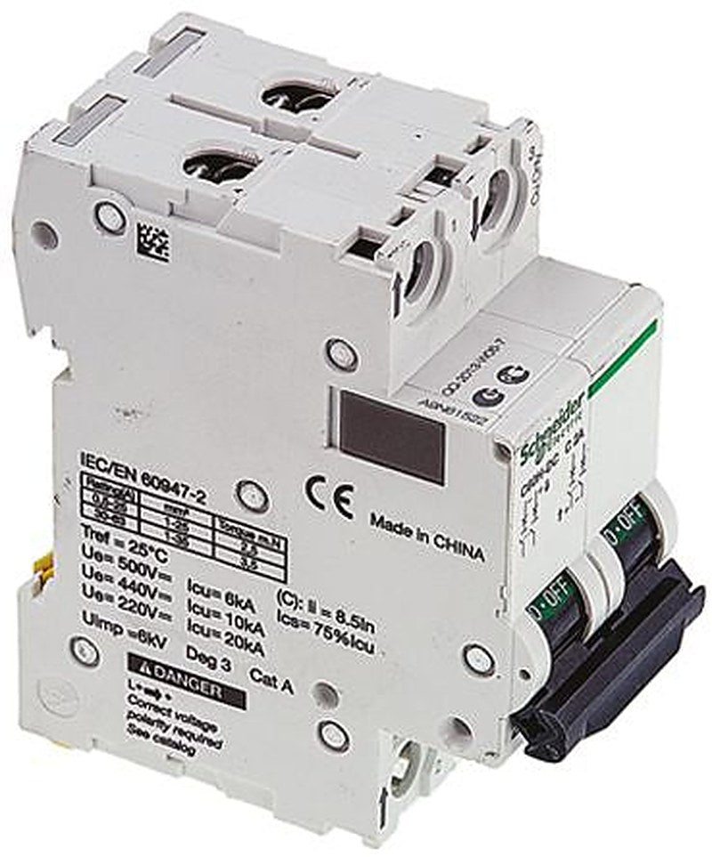 Schneider Electric Acti9 Acti9 PV Miniature Circuit Breaker, 2-Pole, 2A, Type C, 500 V dc DC, 6 kA Breaking Capacity