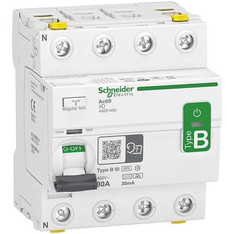 Schneider Electric Acti9 iID Series Residual Current Circuit Breaker, 80A, 4-Pole, 30 mA, Type B-SI, 80 A